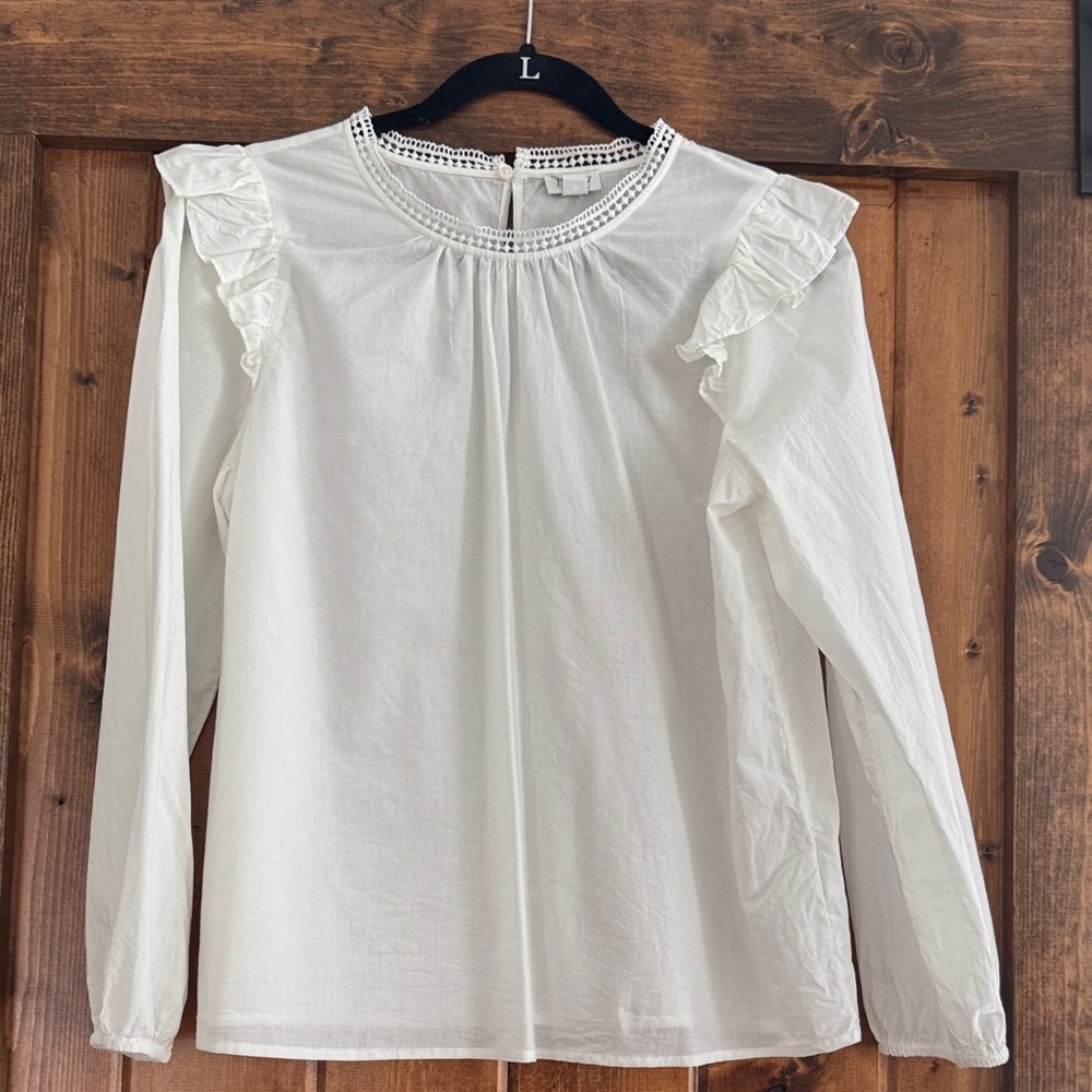 J. Crew White Ruffle-Shoulder Long-Sleeve Blouse